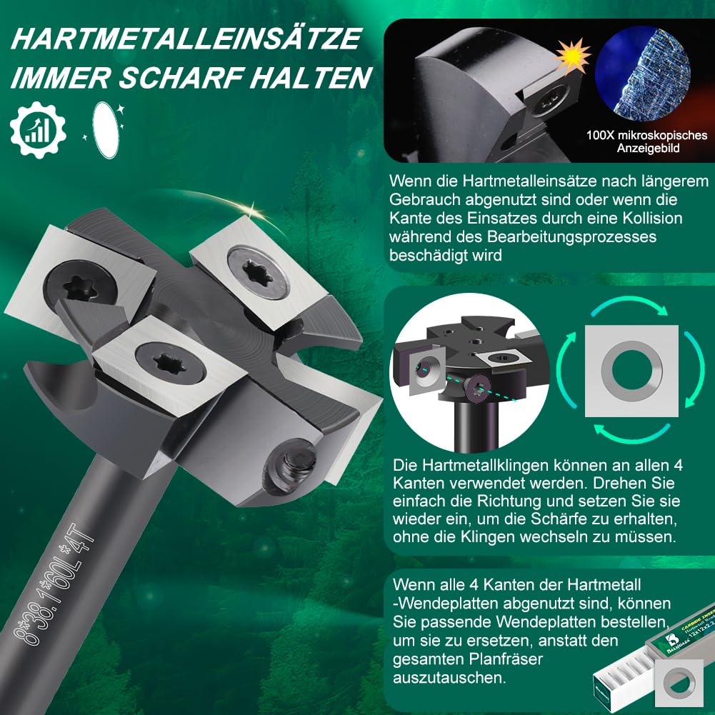 Planfräser 8mm Schaft CNC Holzfräser 38,1 mm Schnittdurchmesser Planfräser für Oberfräse mit 4 austauschbaren HM-Wendeplatten 12 x 12 mm, Fräser zum Planfräsen, Nutfräsen und Kantenfräsen