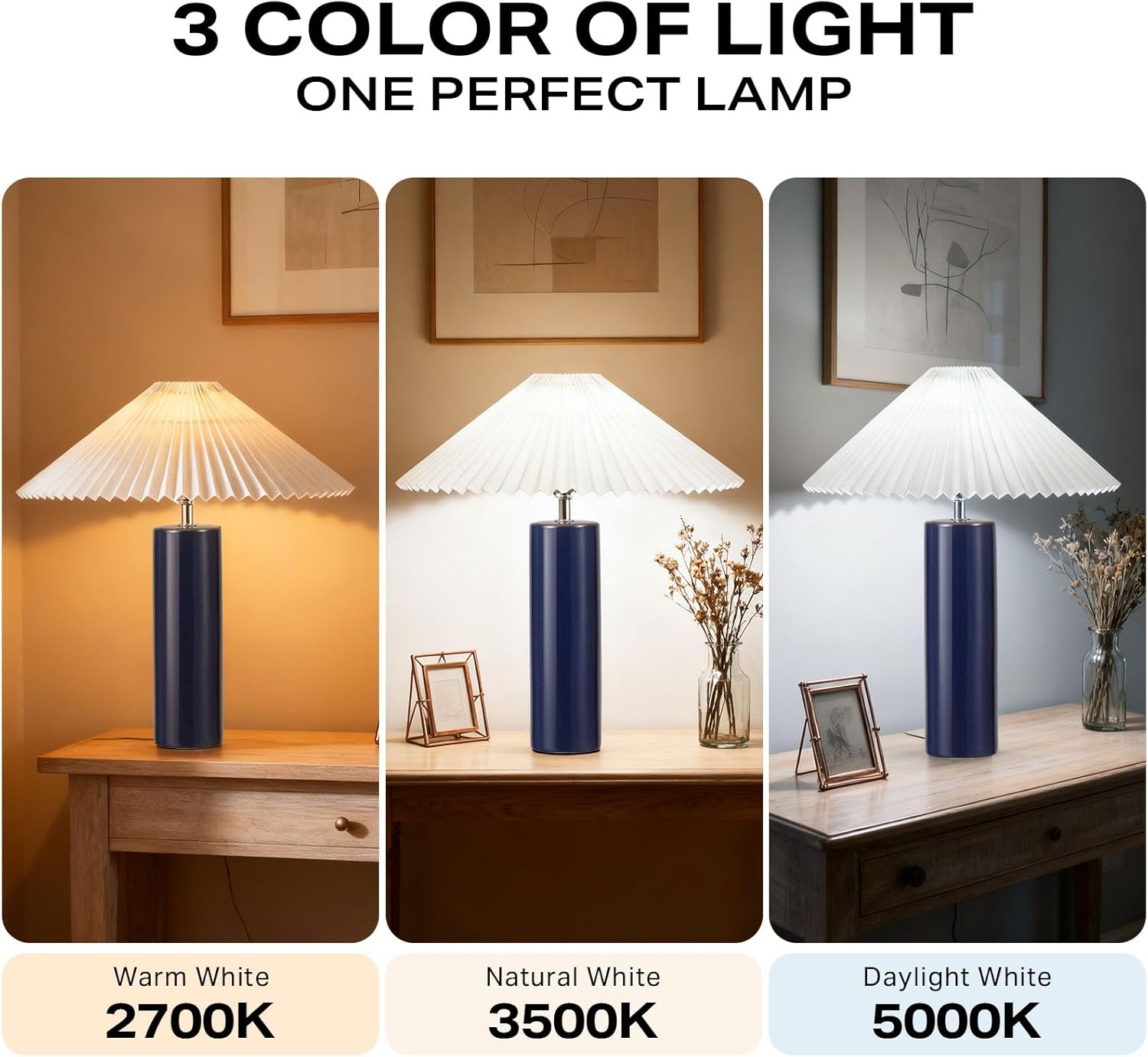 EOEYYOYB Ceramic Table Lamps for Bedroom Set of 2, Adjustable Shade Lamps for Night Stands, Modern Cylindrical Nightstand Table Lamps 5W E26 for Bedroom Bedside Buffet, Blue