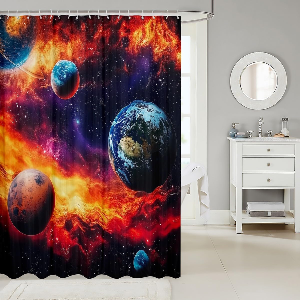 jejeloiu Red Universe Planets Shower Curtain 72"x84" Solar System Earth Bath Curtain for Boys Girls Teens Galaxy Bathroom Shower Curtain Set Waterproof Outer Space Kids Bathroom Accessories
