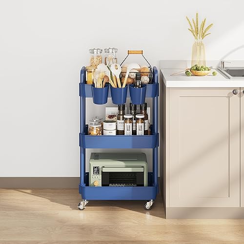 Miniatura 4 de UDEAR Carrito utilitario rodante de 3 niveles, estantes de almacenamiento multifuncionales con asa y ruedas con cerradura para habitación, oficina,