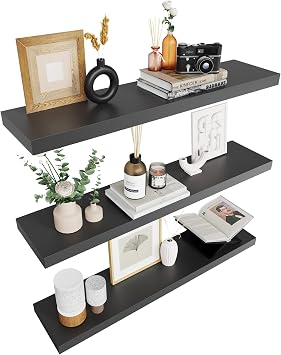 Colima Bathroom Floating Shelves for Wall, 36" Floating Wall Mounted Shelf, Rustic Wood Hanging Shelf for Home Organization, Bathroom, Kitchen, Living Room Set of 3, Black