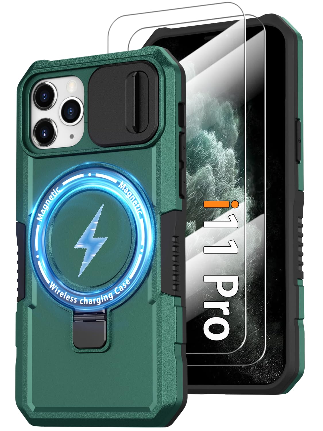 Magnetic Case for iPhone 11 Pro with Ring Stand [Glass Screen Protector] [Compatible with MagSafe] Military Grade Case with Camera Cover, Heavy Duty