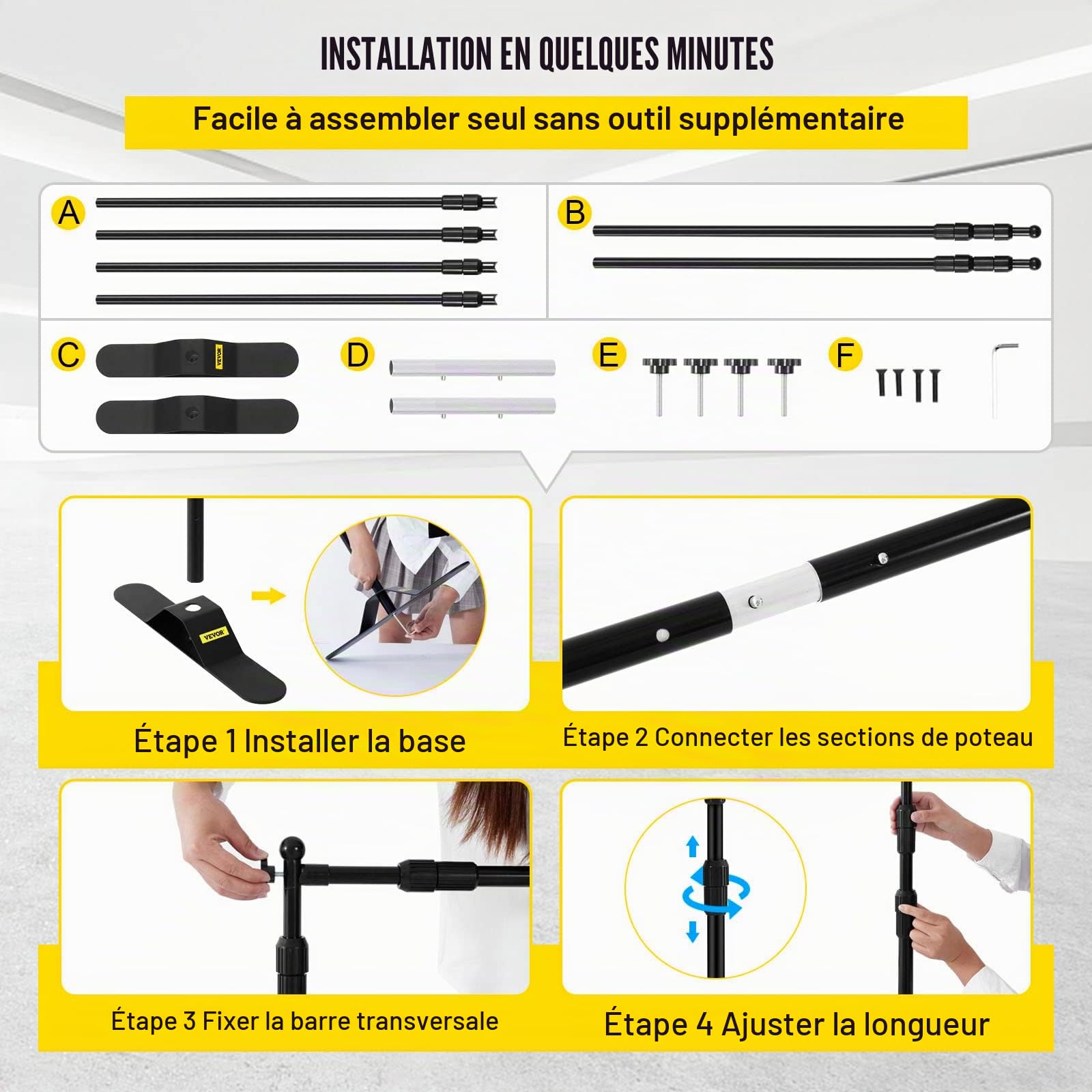 VEVOR Support de Papier Peint Photo 3 m x 2,4 m, Largeur réglable 66 "- 120" Support de bannière pour Toile de Fond Hauteur 37"- 96" Noir pour Salon Commercial télescopique présentoir