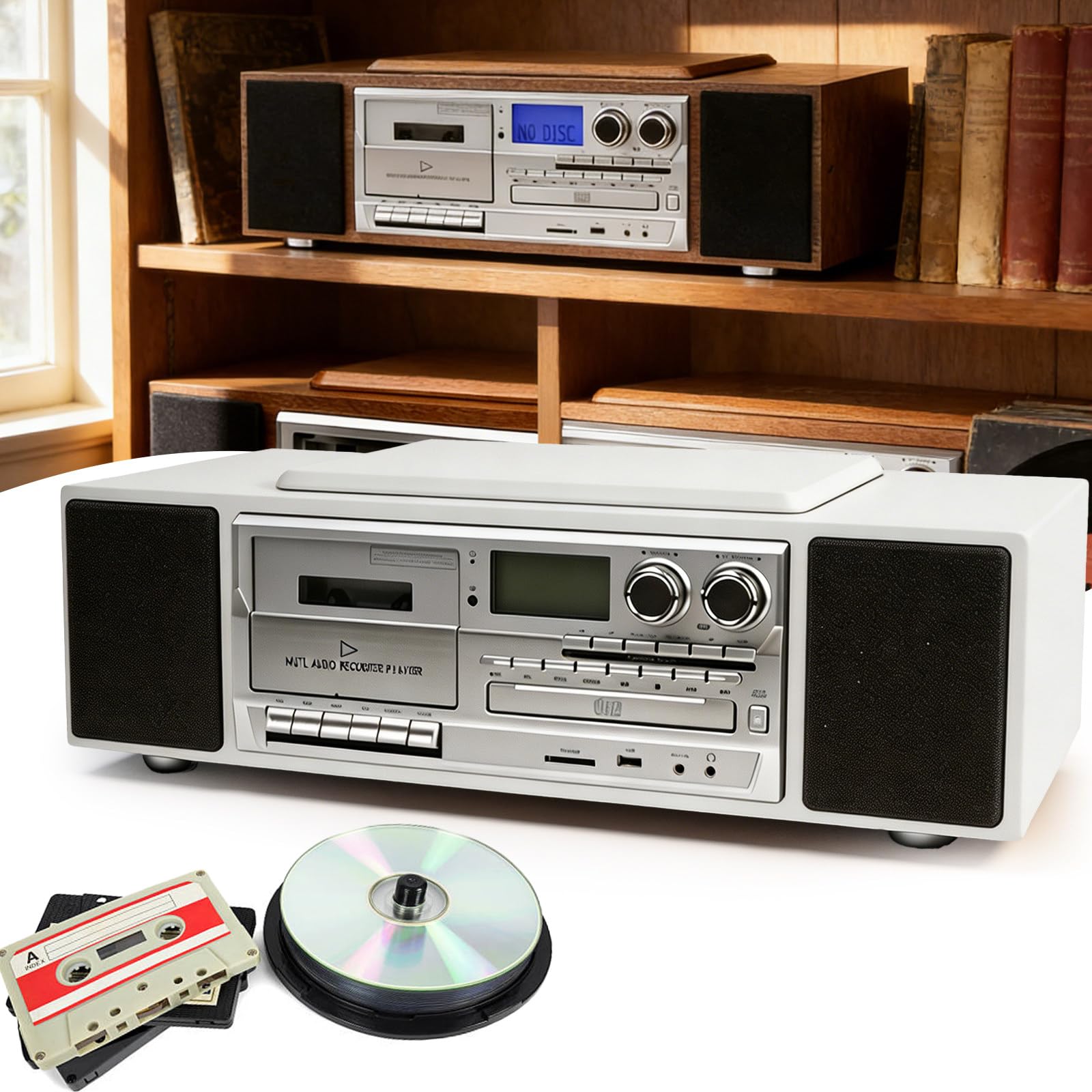 Lettore CD portatile con telecomando, lettore musicale desktop per la casa, doppio altoparlante integrato, supporta le funzioni di trascrizione