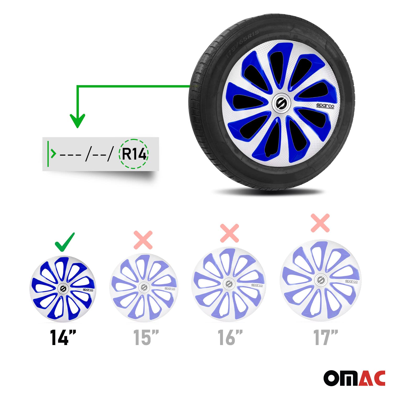 SPARCO Tapacubos 14" pulgada Kit plata Azul carbón Embelecedores De Rueda Juego de tapacubos SPC1475SVBLC