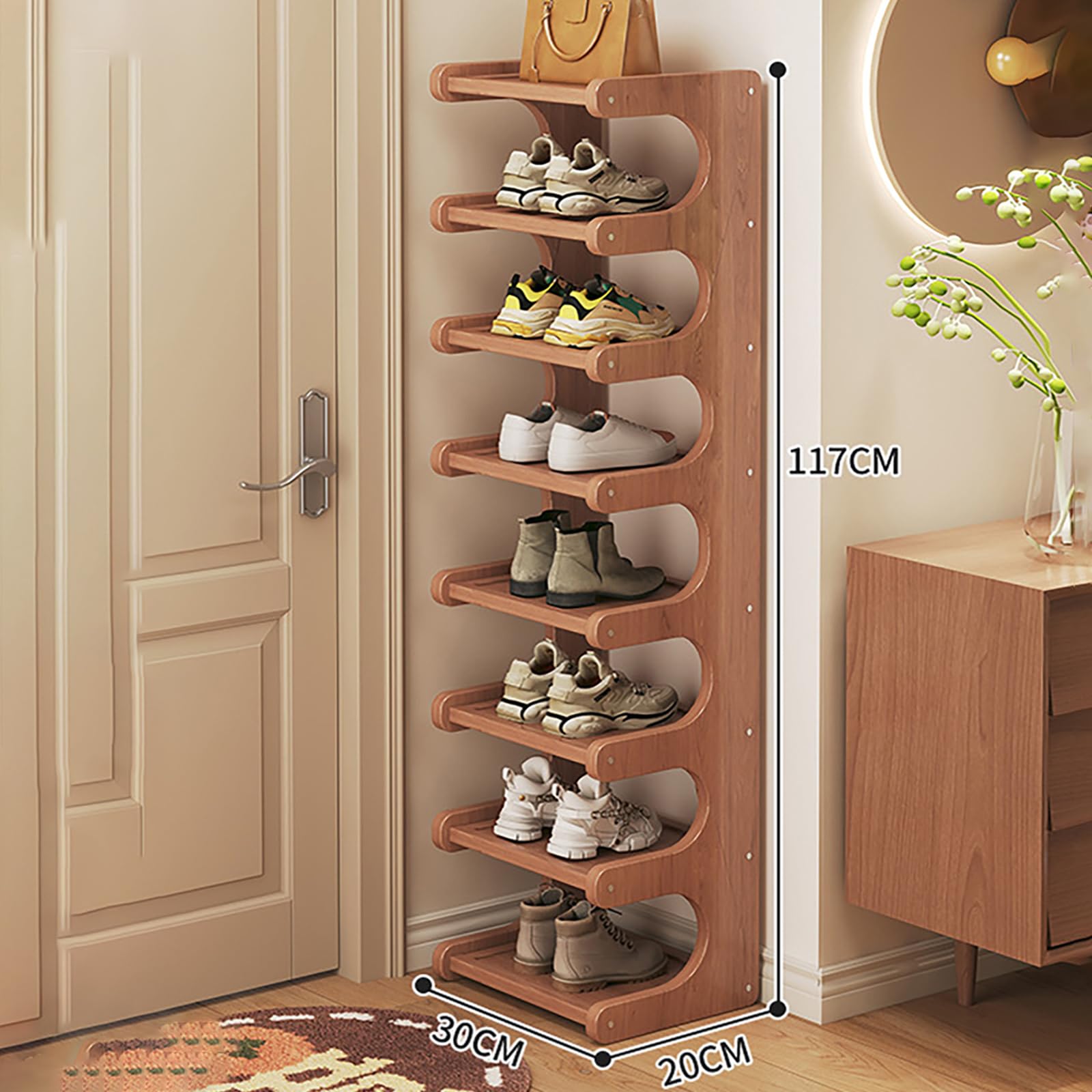 Scarpiera sottile in bambù a 8 ripiani, pieghevole, autoportante, salvaspazio, per corridoio, camera da letto, ingresso, angolo piccolo, design multifunzione