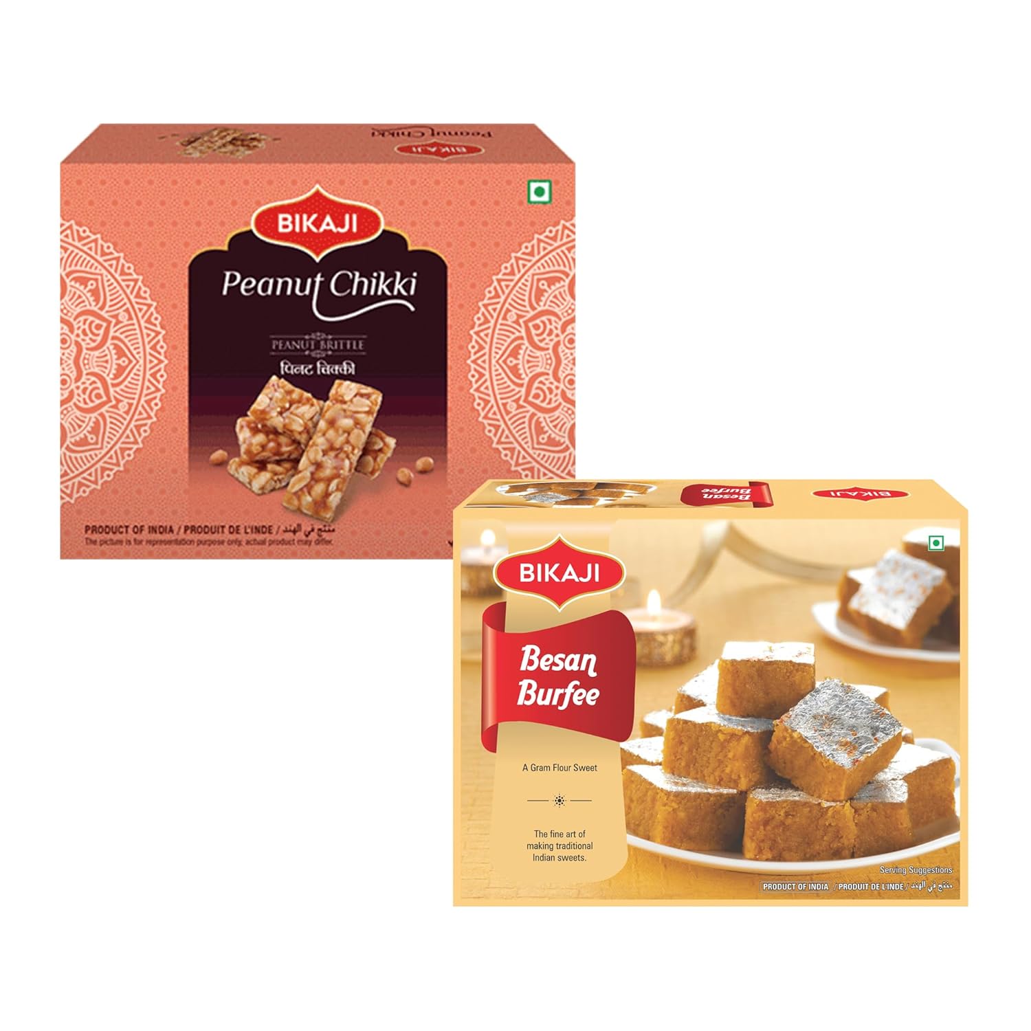 Bikaji Besan Burfi/Burfee 340g & Peanut Chikki 400g | Classic Besan Sweet & Crunchy Peanut Chikki | Indian Festive Sweet Pack