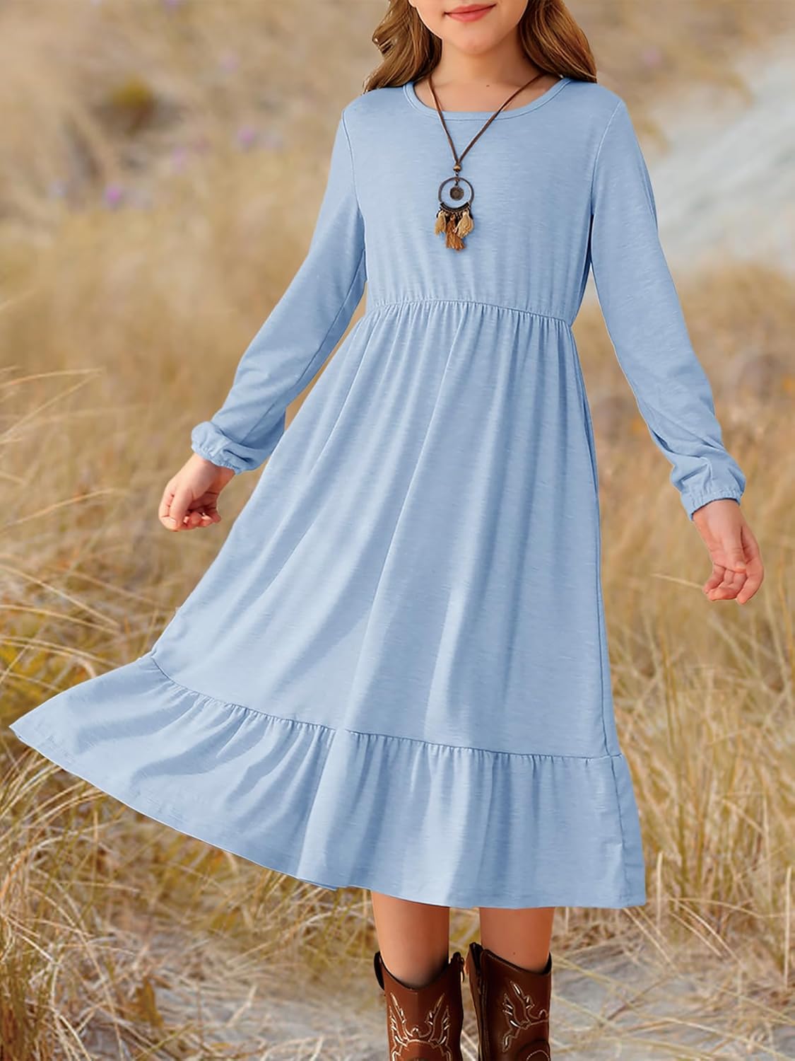 MITILLY Girls Fall Boho Dress Kid Long Sleeve Tween Casual Ruffled Hem Swing Loose Flowy Tiered Midi Dress with Pockets - Image 2