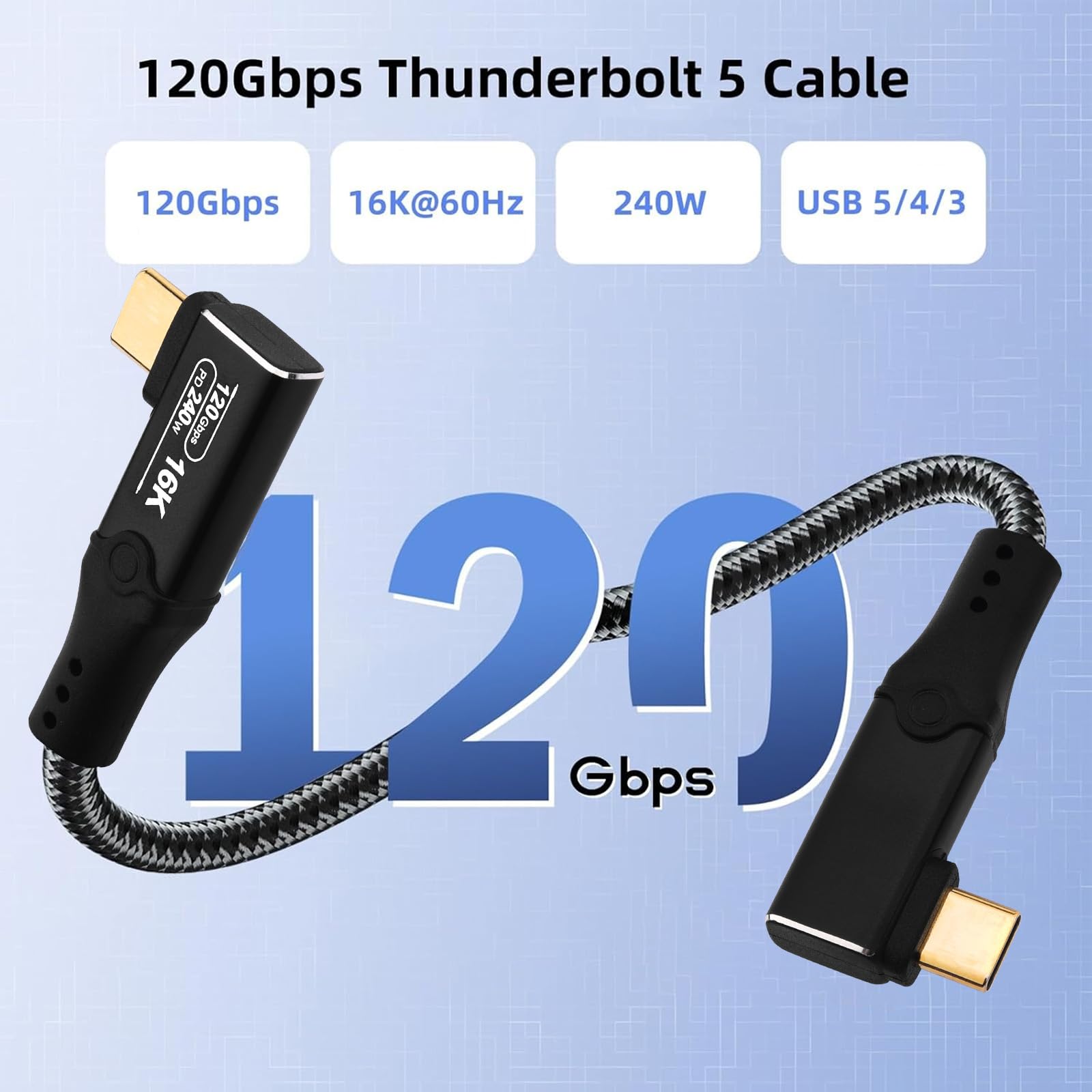 Cable USB C a USB C, acodado (240 W, 120 Gbps, 16 K, 2 m)