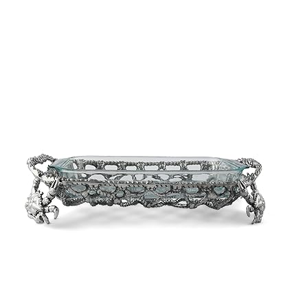 Arthur Court Metal Crab and Net Casserole Dish Holder Ocean Pattern Casted in Aluminum with Artisan Quality Hand Polished Design Tarnish-Free 21 inch Long 3 Quart Removable Glass Dish Included
