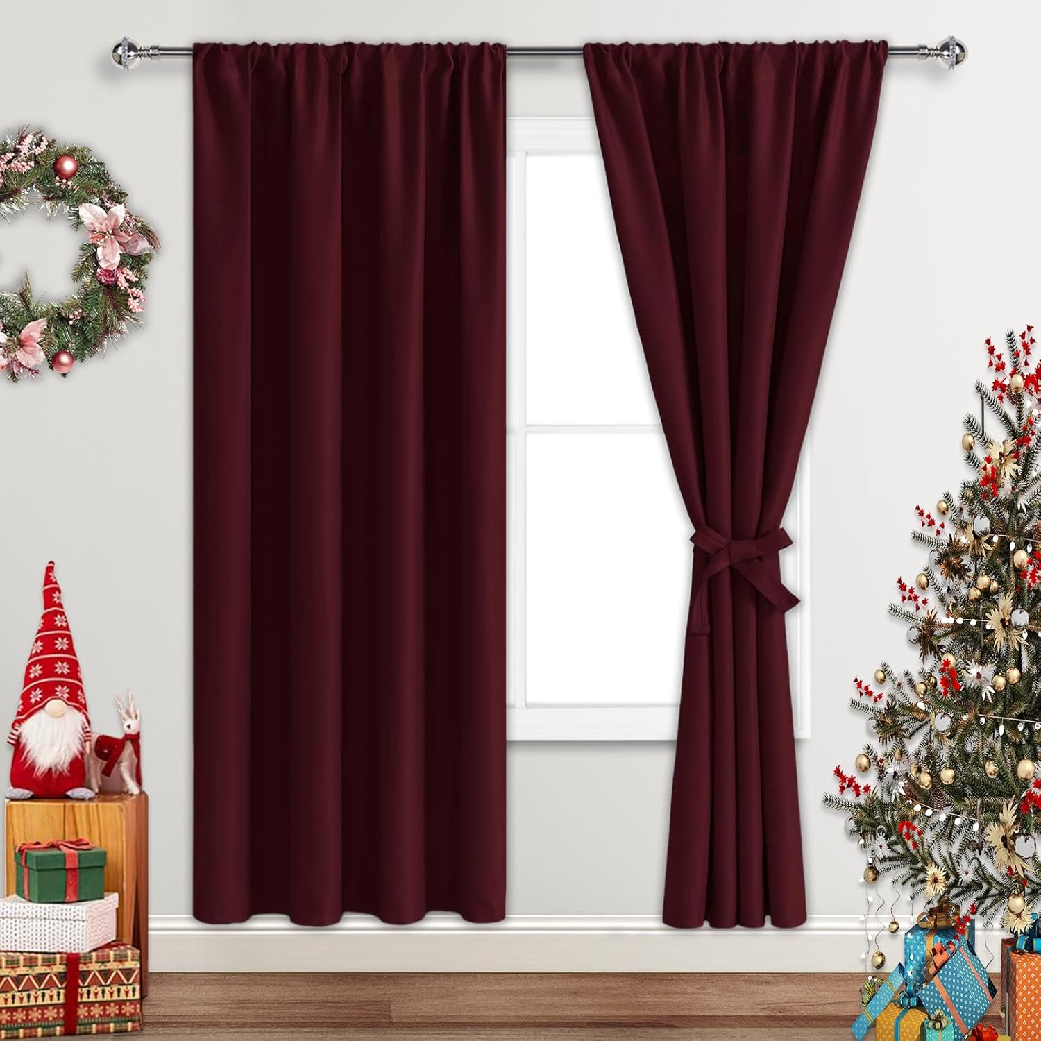 JIUZHEN Blackout Curtains for Bedroom Thermal Insulated,Noise Reducing Room Darkening Privacy Drapes for Living Room, Set of 2 Panels with Tiebacks, 42 x 72 inch Long,Burgundy