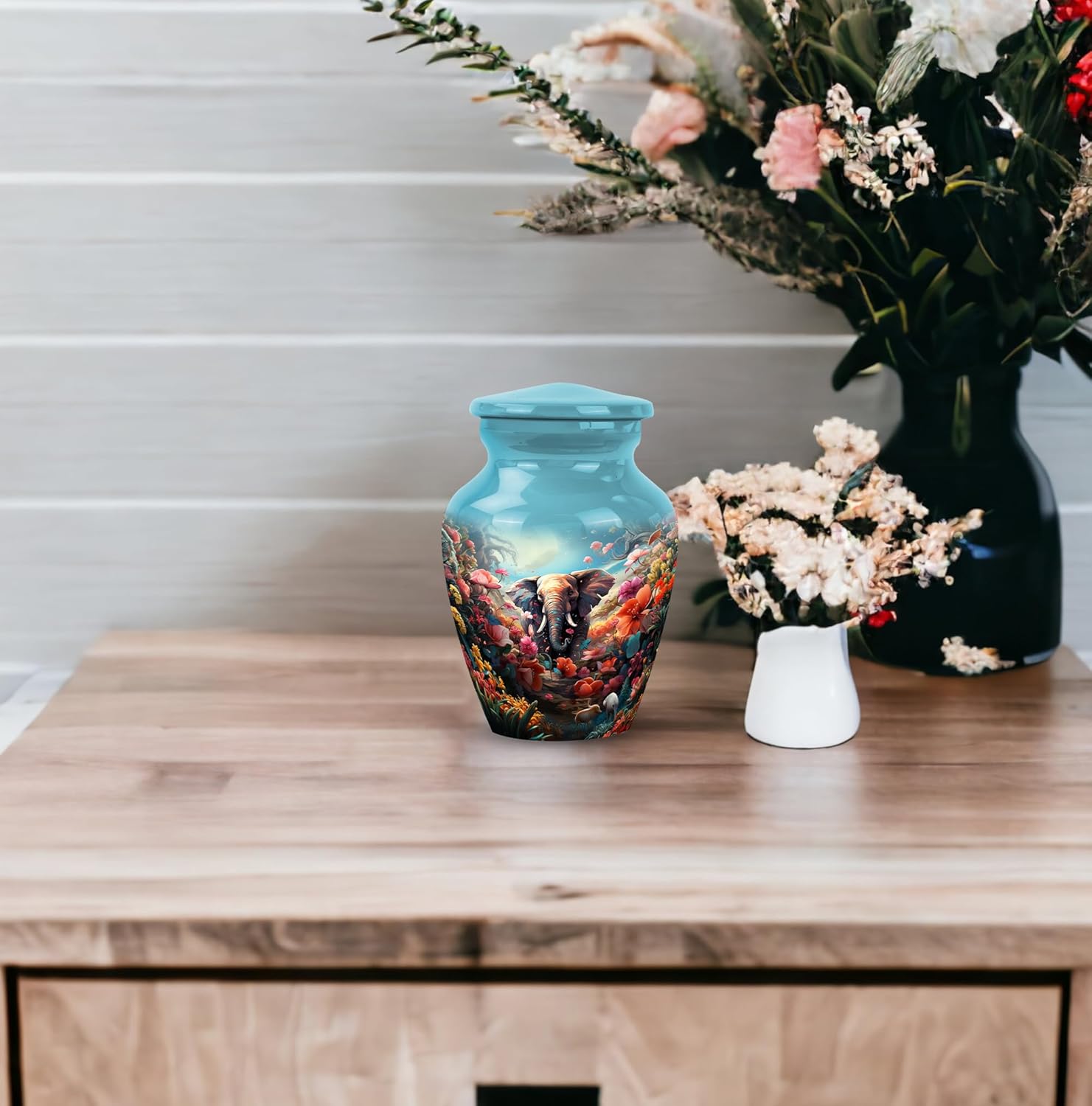 Majestic Elephant and Colorful Flower Field Keepsake Urn - Peaceful Floral Imagery Memorial - Small for Ashes - Mini for Human Ashes - for Mom (Size 3Inch, 2Pcs)