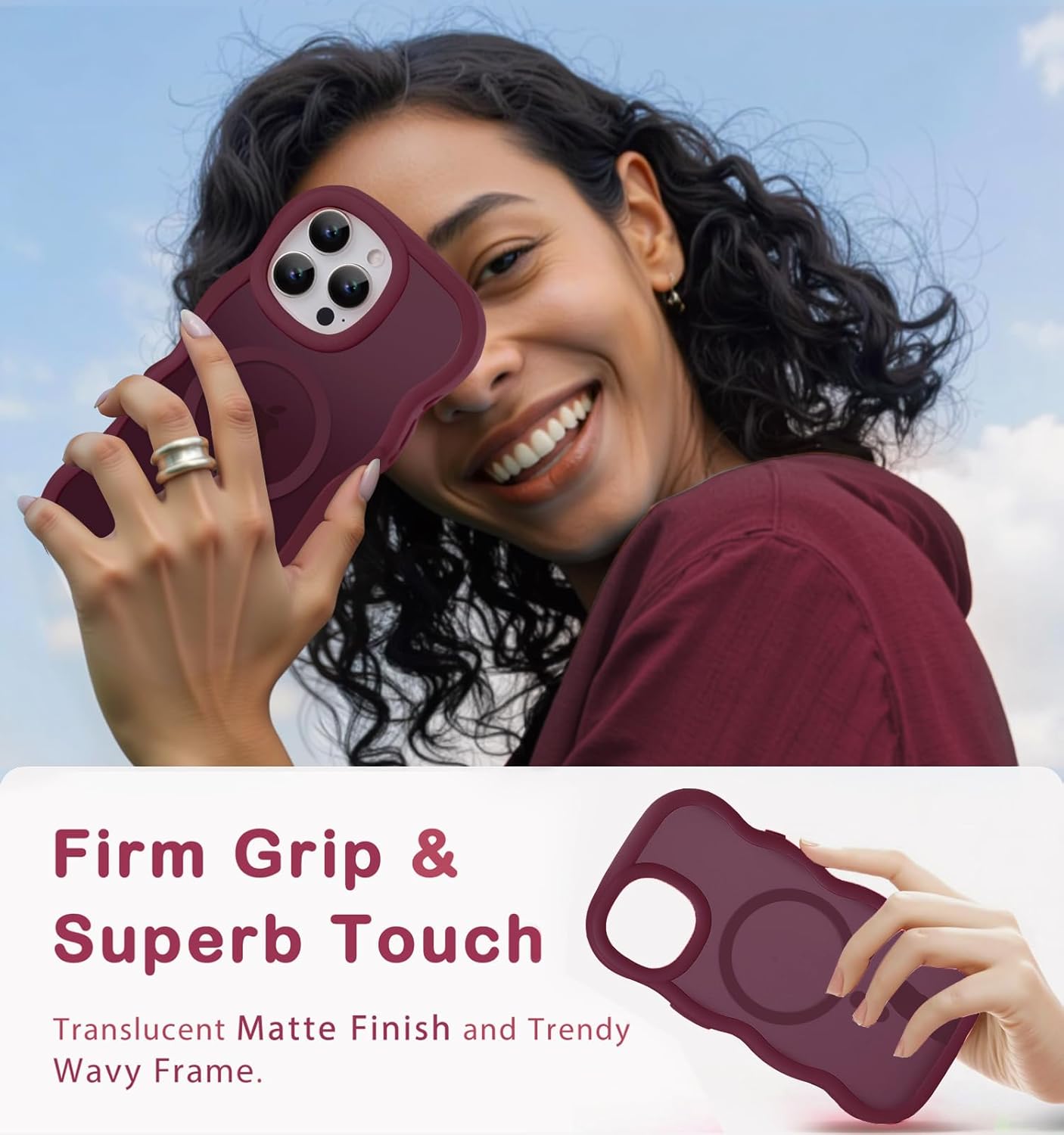 Magnetic for iPhone 14 Pro Case, Compatible with Magsafe Wavy Cute Vintage Translucent Matte Hard Back Silicone Bumper Shockproof Phone Case for iPhone 14 Pro Women Girls, Burgundy - Image 7