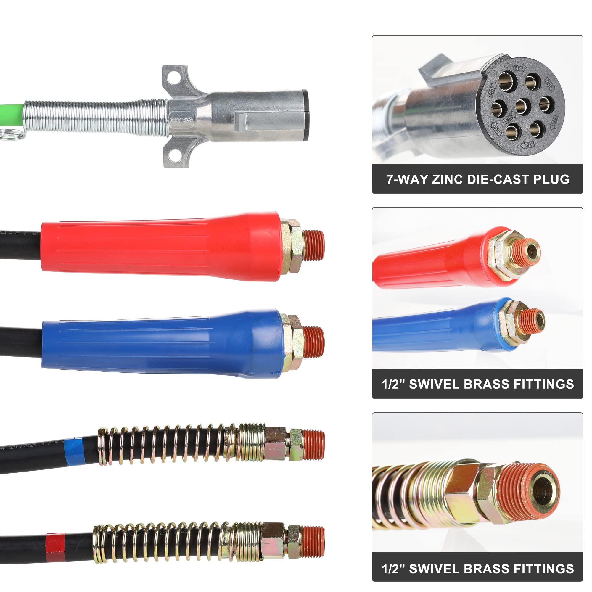 15ft 3 in 1 ABS & Power Air Line Hose with Glad Hands & Gladhand Handles for Tractor Trailer Semi Truck in | Whizz Trailer Brakes