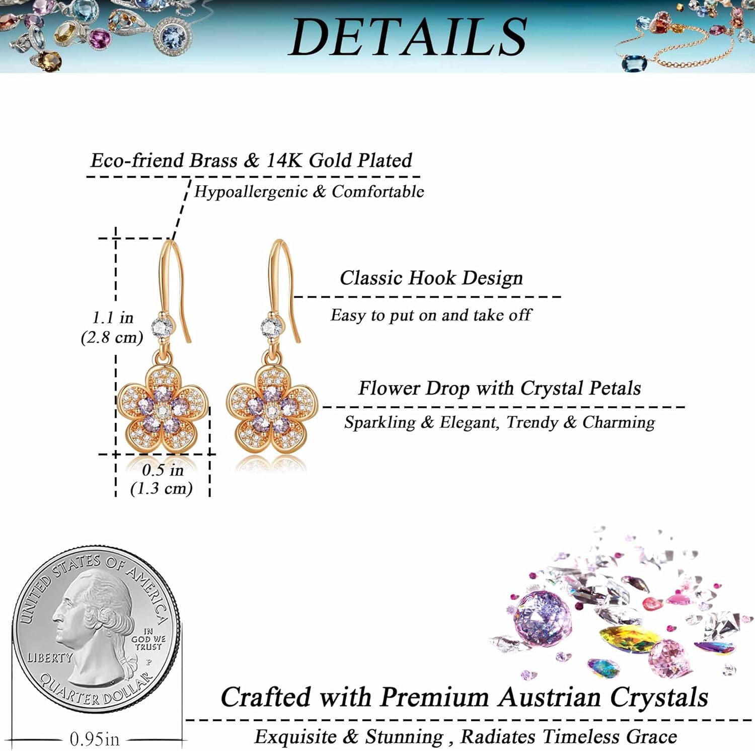 Austrian Crystal Flower Dangle Drop Earrings for Women 14K Gold Plated Hypoallergenic Jewelry - Image 4