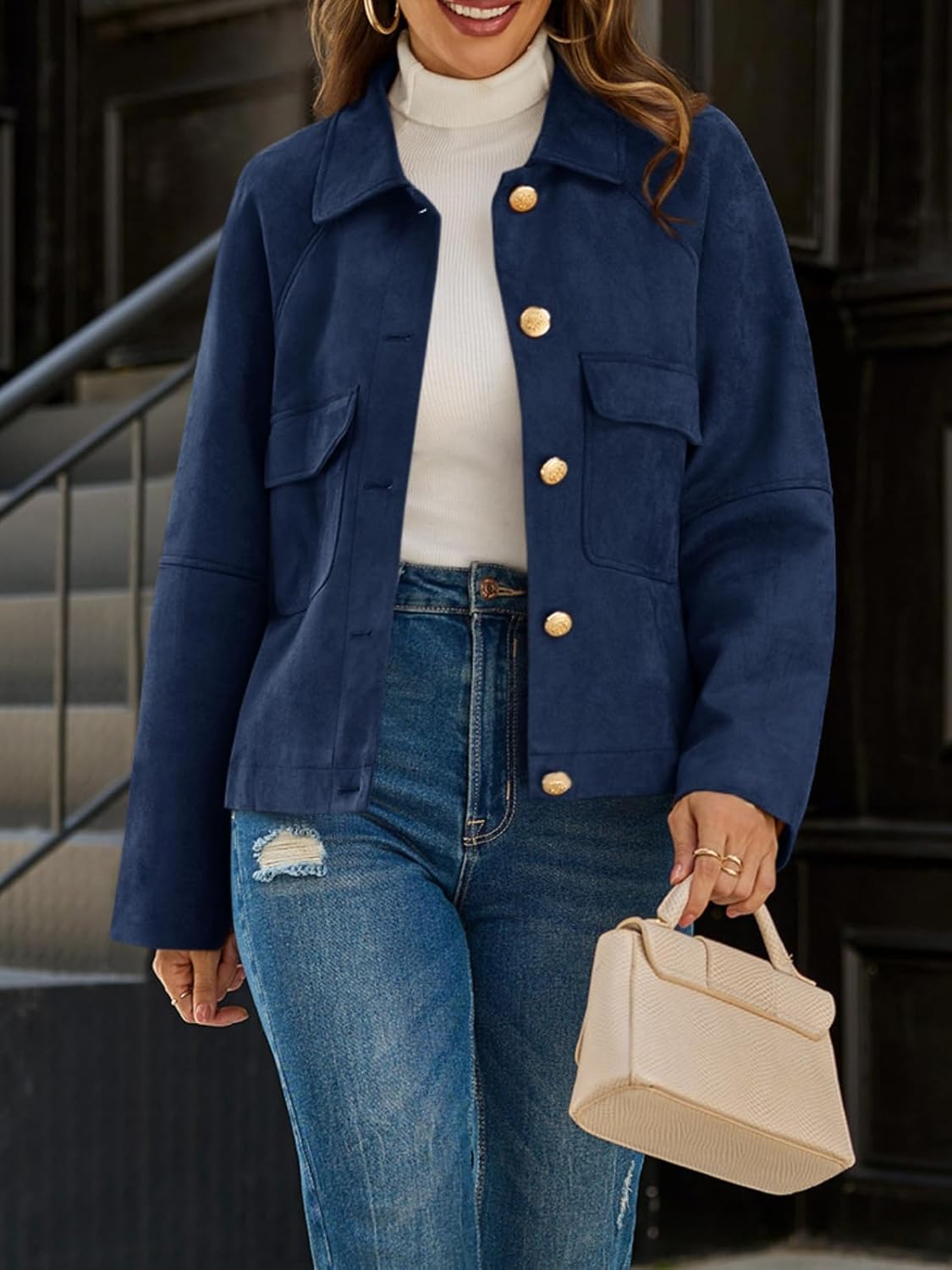 Cicy Bell Womens Faux Suede Leather Jackets Oversized Cropped Casual Lapel Collar Button Down Spring Vintage Shackets - Image 5