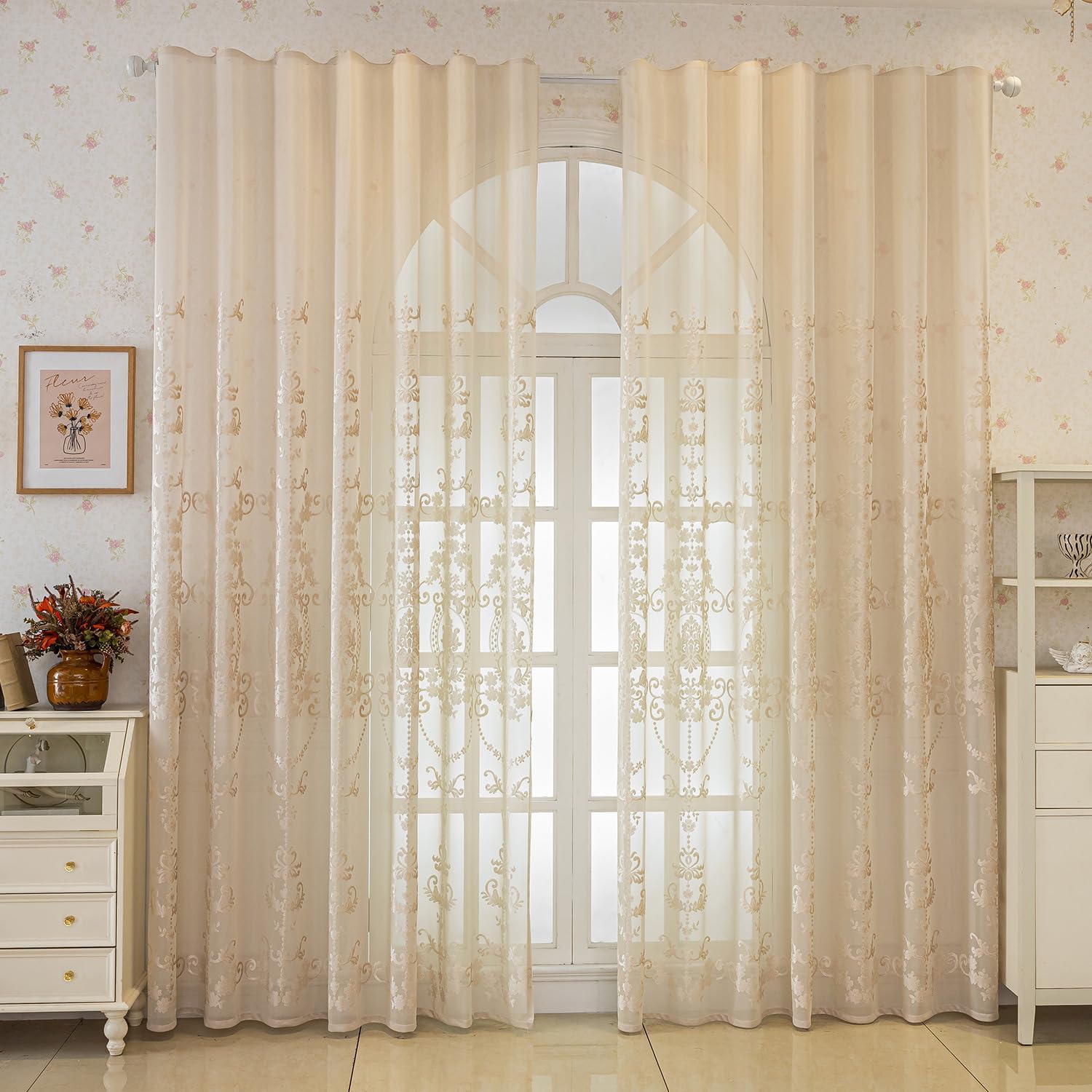 VOGOL Sheer Curtains 96 Inches Long, Retro Beige Floral Pattern Jacquard Sheer Window Curtains for Hallway, Light Filtering Embossed Lightweight Voile Drapes, 2 Pieces, 52 x 96