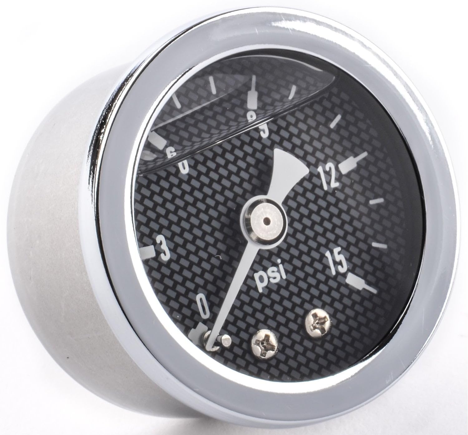 JEGS Fuel Pressure Gauge | 1.5� Diameter | Liquid Filled | 0-15 PSI | Carbon Fiber-Look Dial | 1/8 � NPT Male Fitting | Stainless Steel Case & Bezel