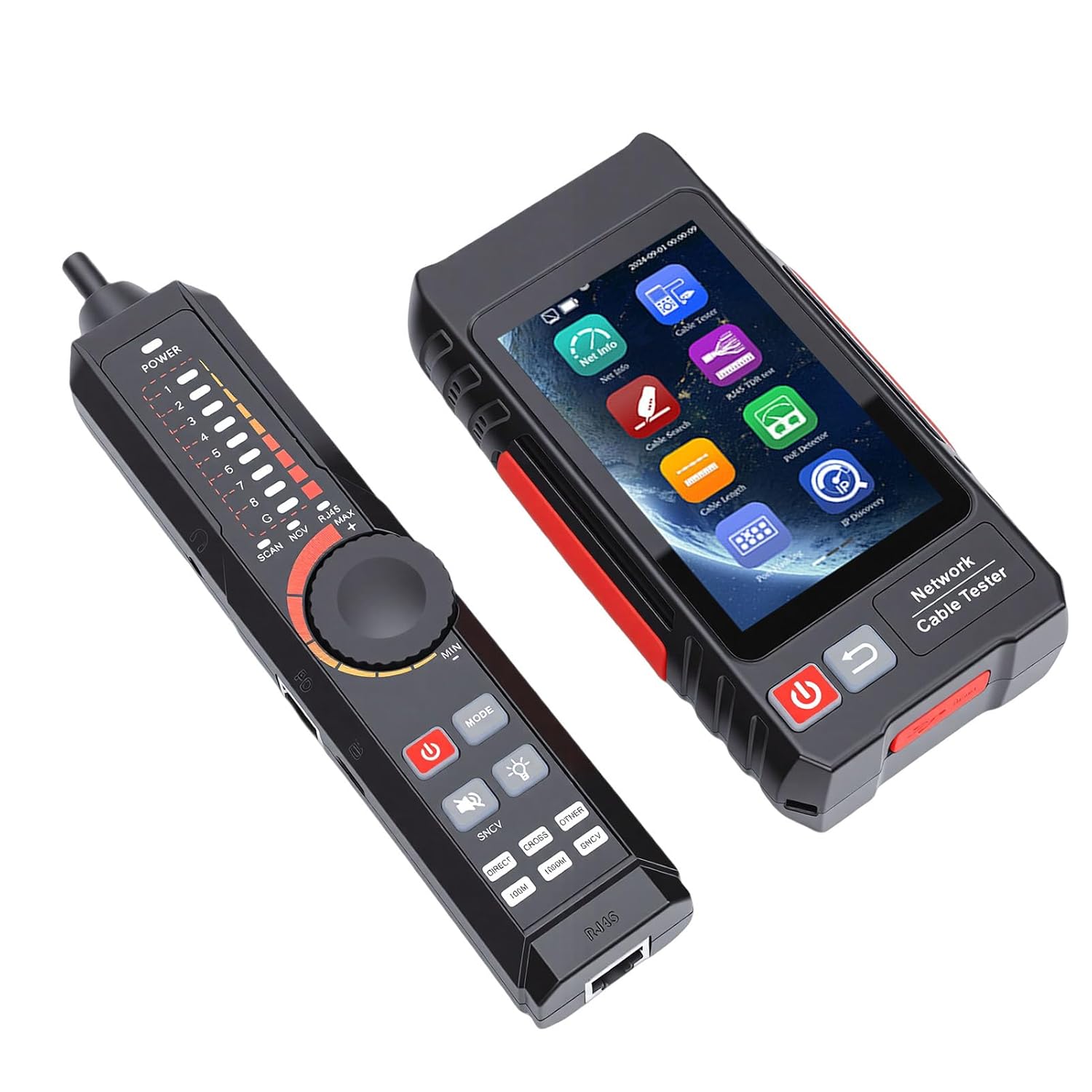 RJ45 Network Cable Tester, Ethernet Cable Tester with 4in IPS Touch Screen for UTP Testing and PoE Detection, Built in Rechargeable Battery, Supports FTP and NCV Scanning