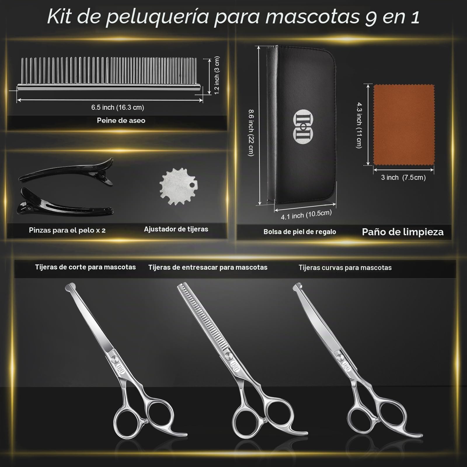 CIICII Tijeras para Perros, 7,5" Juego de Tijeras Peluqueria Canina Profesional (Gato Perro Aseo Tijeras Entresacar & Tijeras Curvas) para Aseo Mascotas Bricolaje (Punta Redonda-9 Pcs-Plata)