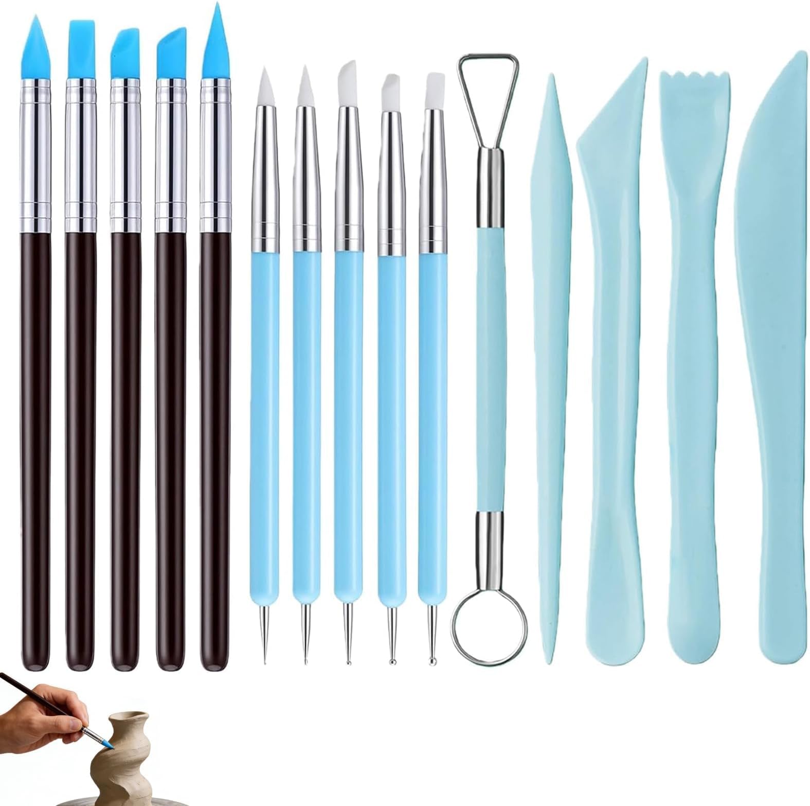15 Pcs Silicone Sculpting Tools, Blue Clay Tools Double Ended Clay Sculpting Tool, Embossing Tool, Modeling Dotting Tool Suitable for Beginners and Professionals for Pottery or Clays