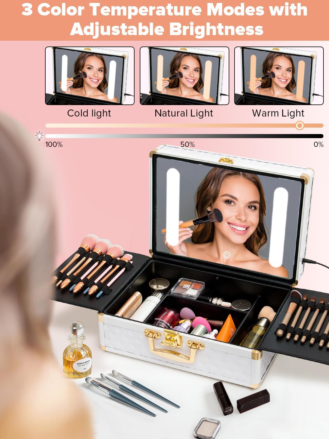 Portable Makeup Case,Cosmetic Box,Beauty Makeup Train Case,with LED Mirror,Travel Makeup Bag Cosmetic Organizer Box with Locks, Brush Holder, Dividers, Rechargeable,Aluminium Alloy, White (White)