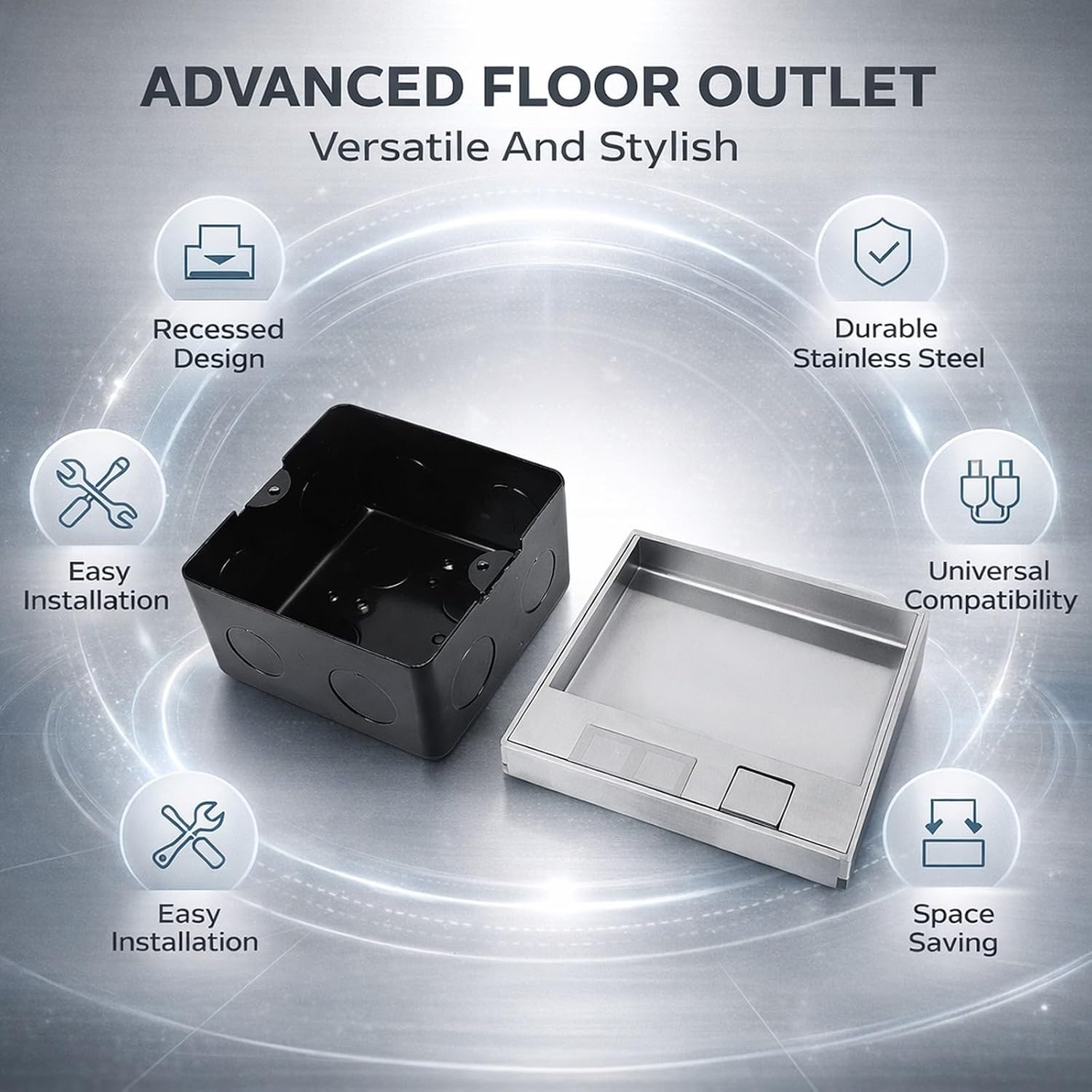 Recessed Floor Electrical Outlet Kit, 1pc 3 Prong, 2pcs Network Ports, Silver, Waterproof Concealed Cover - Durable Stainless Steel, Dust Proof Design, Ideal for Kitchen and