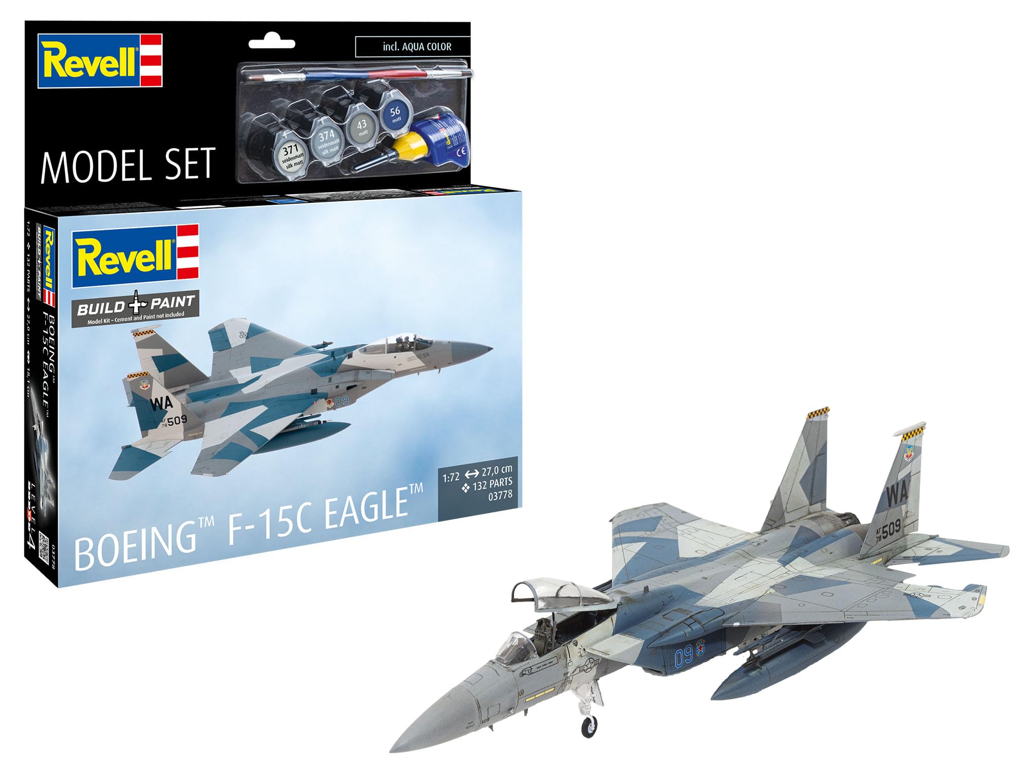 Revell 63778 Model Set Boeing F-15C Eagle 1:72 Scale Unbuilt Plastic Model Kit with Accessories, Multicoloured, 38.4 x 36.5 x 6.5 cm