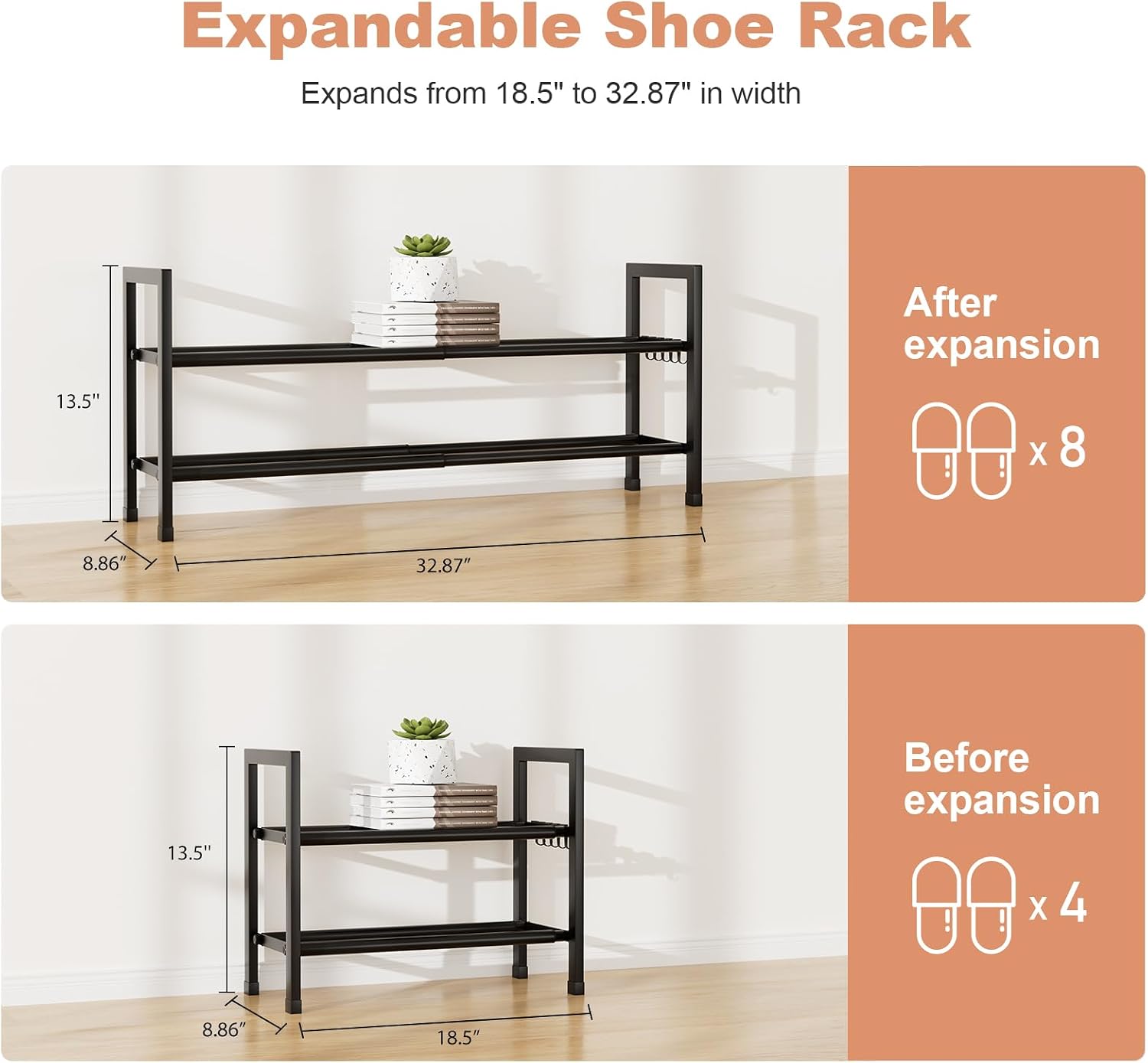 LANTEFUL 2 Tier Expandable Shoe Rack for Closet, Adjustable 18"-33" Metal Shoe Organizer for 8 Pairs, Shoe Shelf for Small Spaces, Entryway, Bedroom with 5 Hooks
