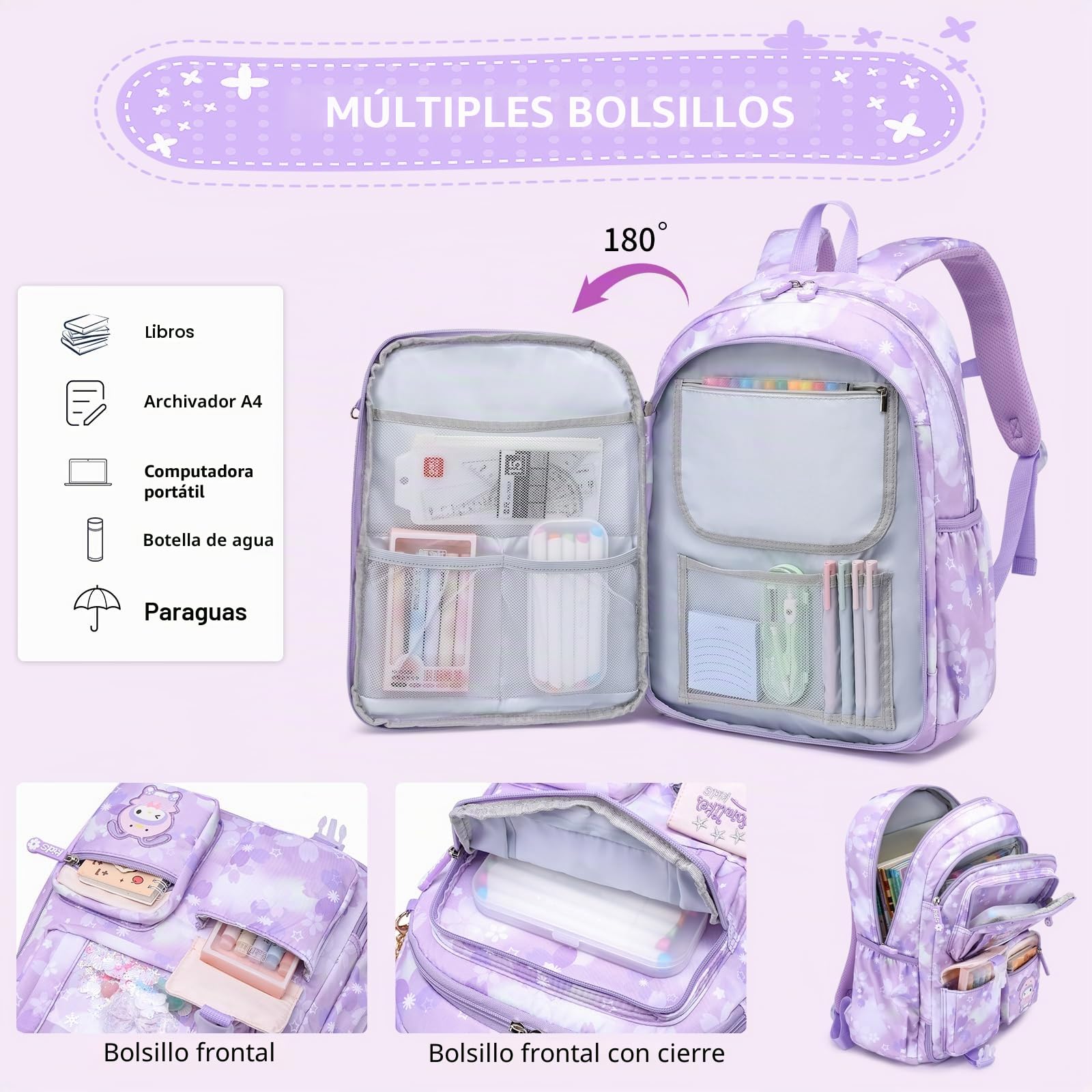 Mochilas escolares para niñas, capacidad Lagre,mochilas para niñas para primaria (Mochila Infantil + Bolsa de Almuerzo Aislada + Estuche Para Lápices, Color Morado)