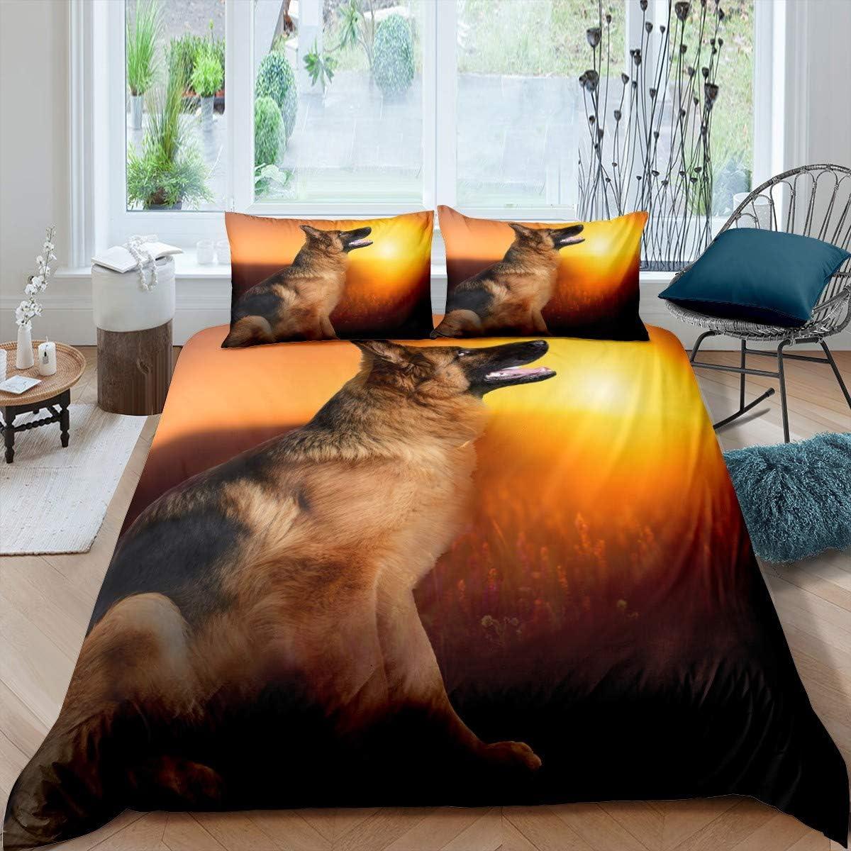 Feelyou Dog Print Duvet Cover 3D German Shepherd Puppy Print Bedding Set for Kids Boys Girls Children Pet Animal Theme Comforter Cover Ultra Soft Brown Decor Bedspread Cover Queen Size Zippe