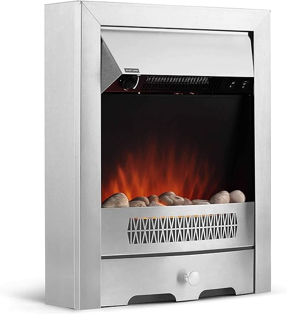 VonHaus Electric Fireplace - 2KW Modern Freestanding Heater with Adjustable Thermostat, 2 Heat Settings, Realistic Flame Effect & Attractive Geo Design - 2000W