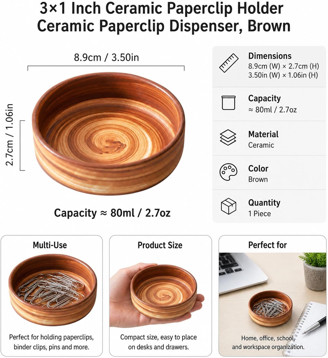 Ceramic Paper Clip Holder, Wood Grain Round Desk Organizer Cup, Paperclip Dispenser for Home Office Study Desktop Stationery, 3.5x1 Inch