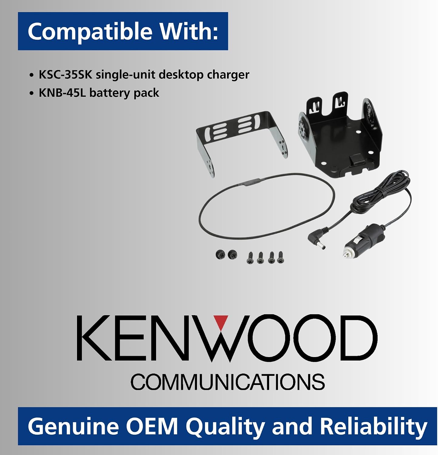 KENWOOD KVC-22 Vehicle Charger Adapter – 12V DC Mount for KSC-35/35S, Charges KNB-45L Battery or Radio, Bracket with DC Cable, Safety Bungee, Mounting Hardware, OEM