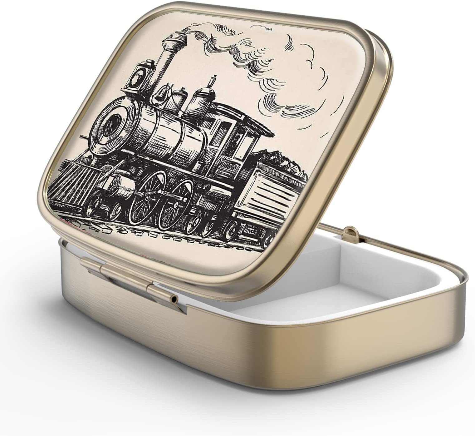 Pill Case Pill Box with Mirror Retro 2 Compartment Small Pill Case for Purse or Pocket Bronze Rectangular Pill Box or Vitamins, Fish Oil, Supplements, Pill Containe Travel Gifts（Vintage Train）