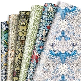 Dtiafu William Morris Wrapping Paper 6 Vintage Floral Style Gift Wrap Paper Bulk Retro Green Blue Art Paper for Women Birthday Wedding Baby Shower Spring, 20 X 28 Inch, Folded Flat (6 Sheet