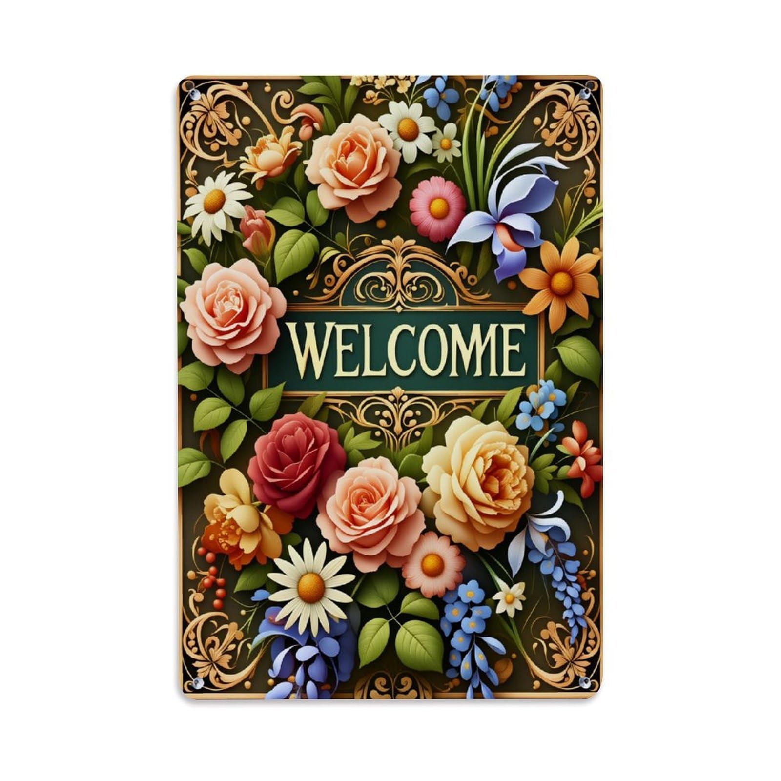 Enderetf Vintage Floral Welcome Sign Pattern Tin Sign Metal Poster, Home Bar Garage Man Cave Cafe Indoor & Outdoor Wall Decoration 8X12inches