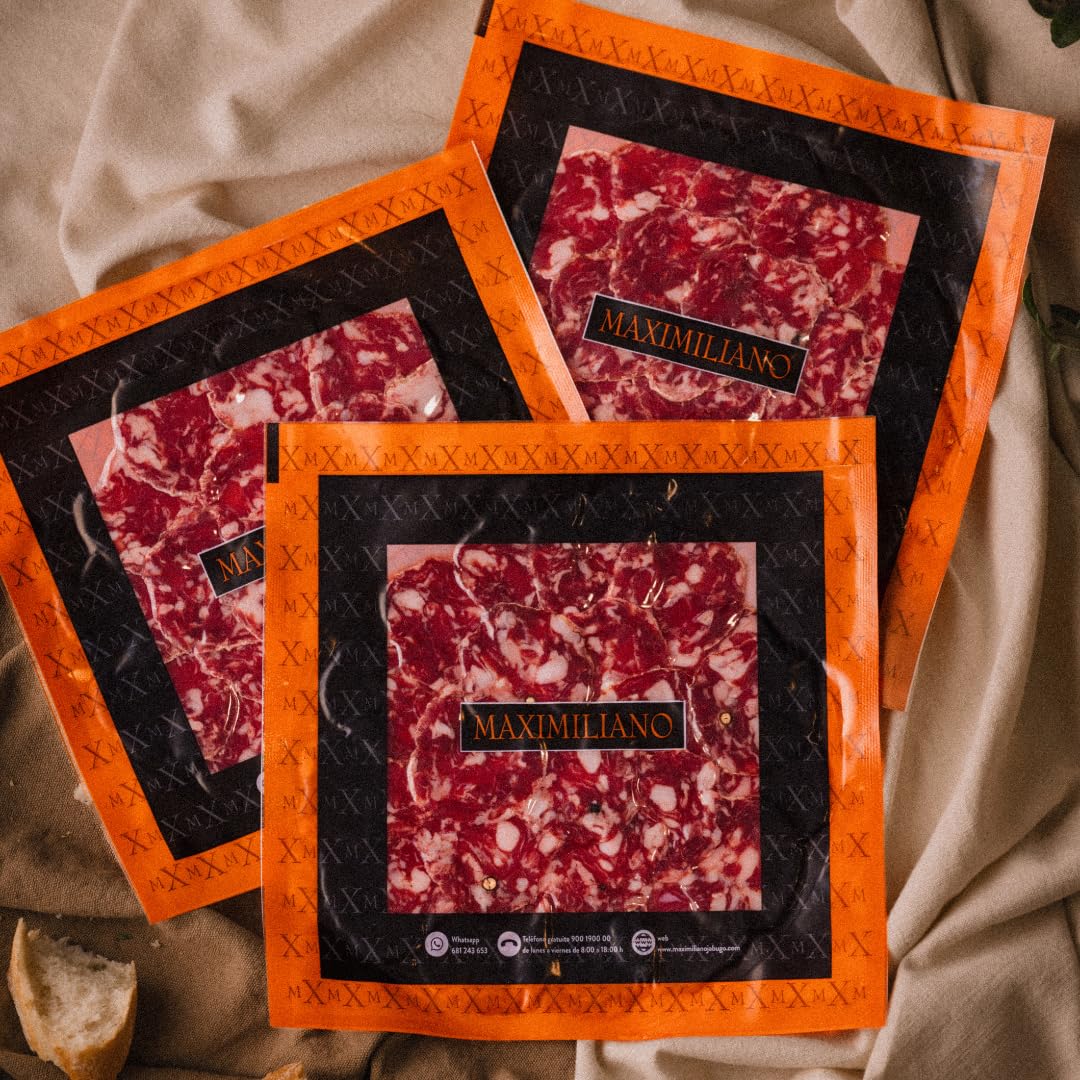 Maximiliano Jabugo - Salchichón de Bellota 100% Ibérico | Estuche 80gr Loncheado | Aliño Tradicional con Pimienta | Curación Natural en Jabugo | Embutido Ibérico Artesano
