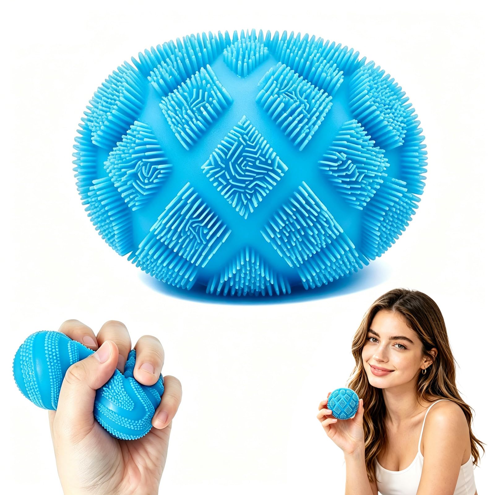 Fuzz Ball Squishy,Fuzz Ball Squishy Stress Drop Malt Fuzz Balls Sensory,Soft TPR Spiky Sensory Ball for Anxiety Relief, Anxiety Relief Handheld Pressure Toy for Office, School, Home(Blue)
