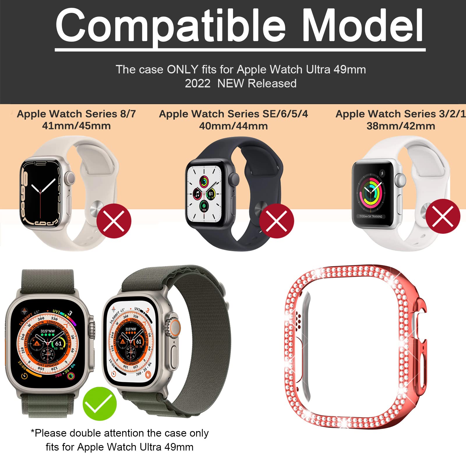Miimall Compatible with Apple Watch Ultra 2/49mm Bling Case, Hard Bumper Case with Crystal Diamonds - Image 2