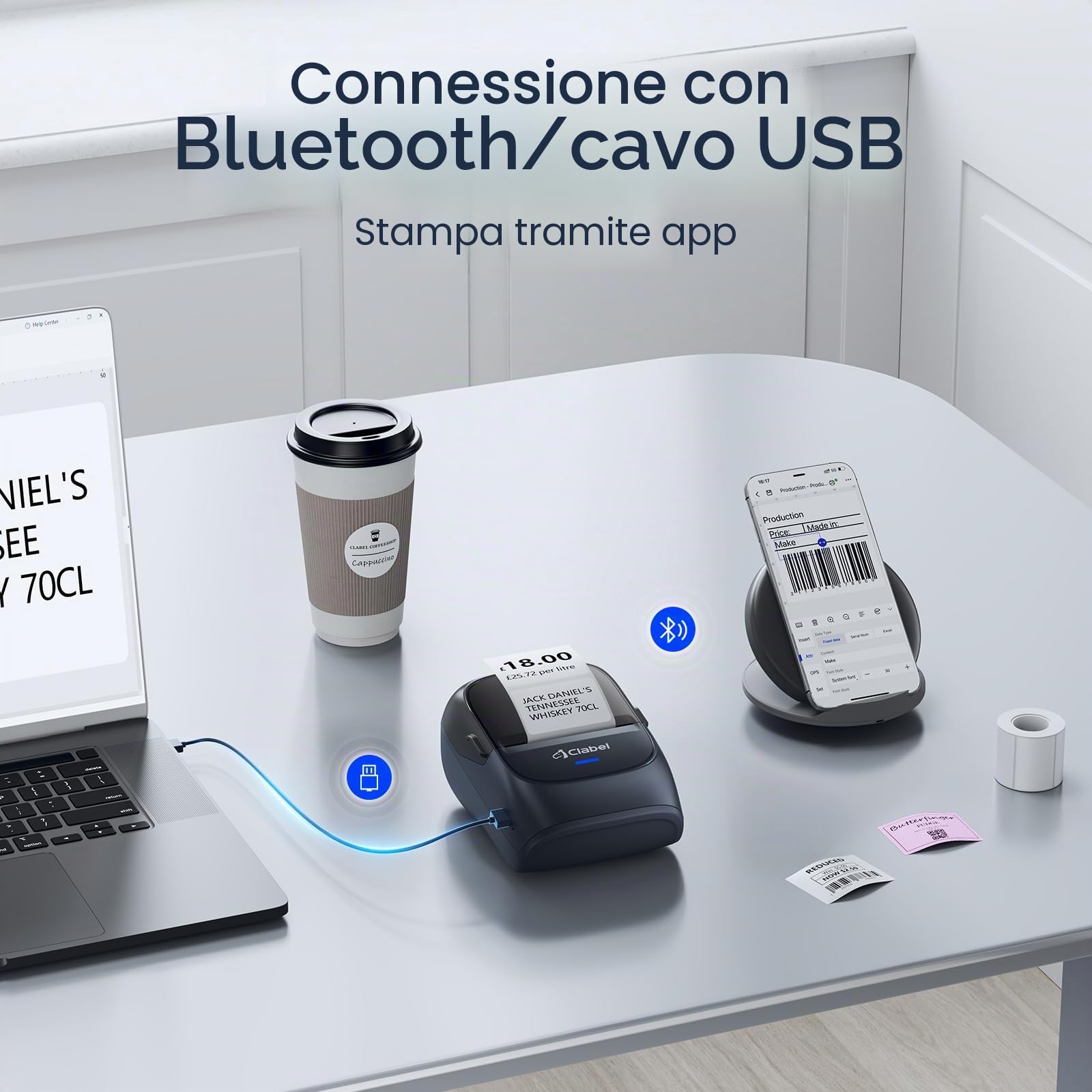 CLABEL Etichettatrice Etichette Adesive mini stampante termica portatile Bluetooth etichette adesive personalizzate Compatibile con iOS e Android etichettatrici per scuola Codice a Barre Ufficio