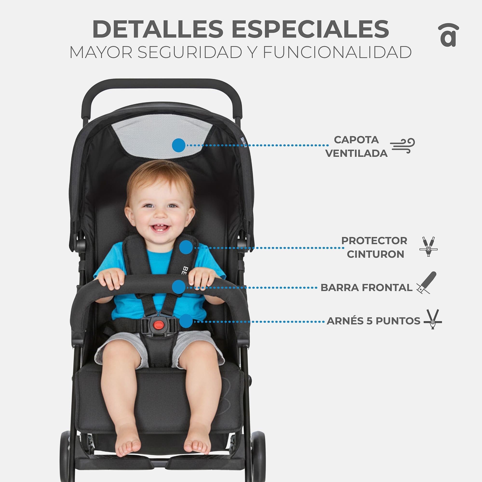 Asalvo Berlin Poussette ultra légère pour bébé avec dossier inclinable, harnais 5 points, SPF50+, capote, maniable et sécurité maximale, jusqu'à 16 kg, noir