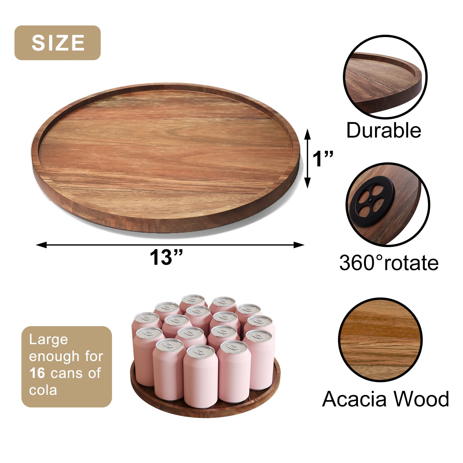 VERTORGAN Lazy Susan Organizer für Küche, Drehteller aus Akazienholz für Schrank, Speisekammer, Tisch, Arbeitsplatte, Schminktisch, Gewürzregal, groß