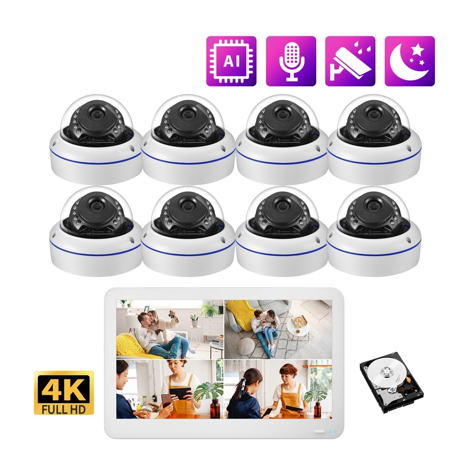 Système de caméras IP dôme extérieur 4K 8MP, écran LCD POE NVR(None,8CH NVR 6 Cameras)