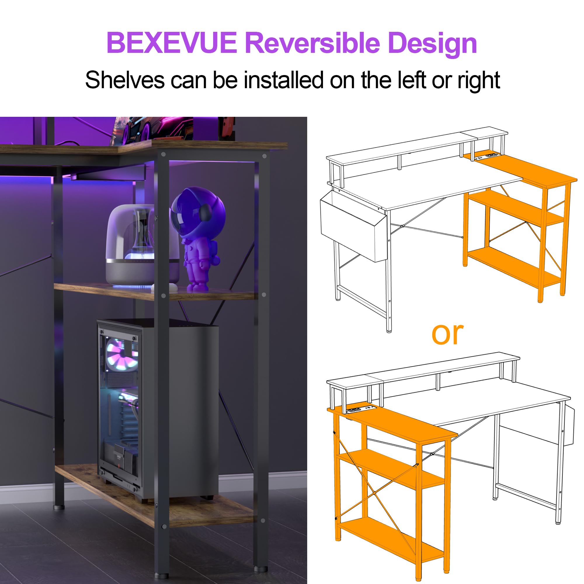 BEXEVUE Scrivania Angolo con LED Ciabatta - 120x70cm Grande Tavolino Computer Forma L Ripiani Portaoggetti, Scrivania Angolare Reversibile Gaming Informatica, Studio Gioco Lavoro Casa Camera da Letto