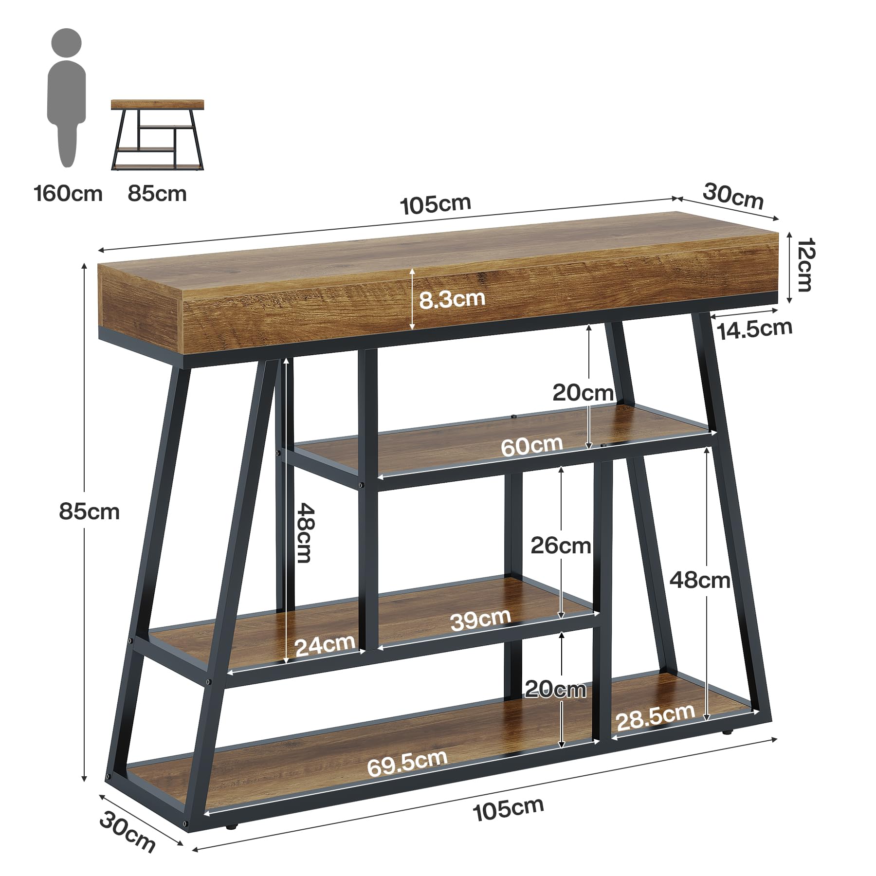 Tribesigns Tavolo Consolle Industriale, Consolle Ingresso Stretta con 4 ripiani Struttura in Metallo per Corridoio, Soggiorno, Cucina, 105 x 30 x 85 cm, Marrone Rustico
