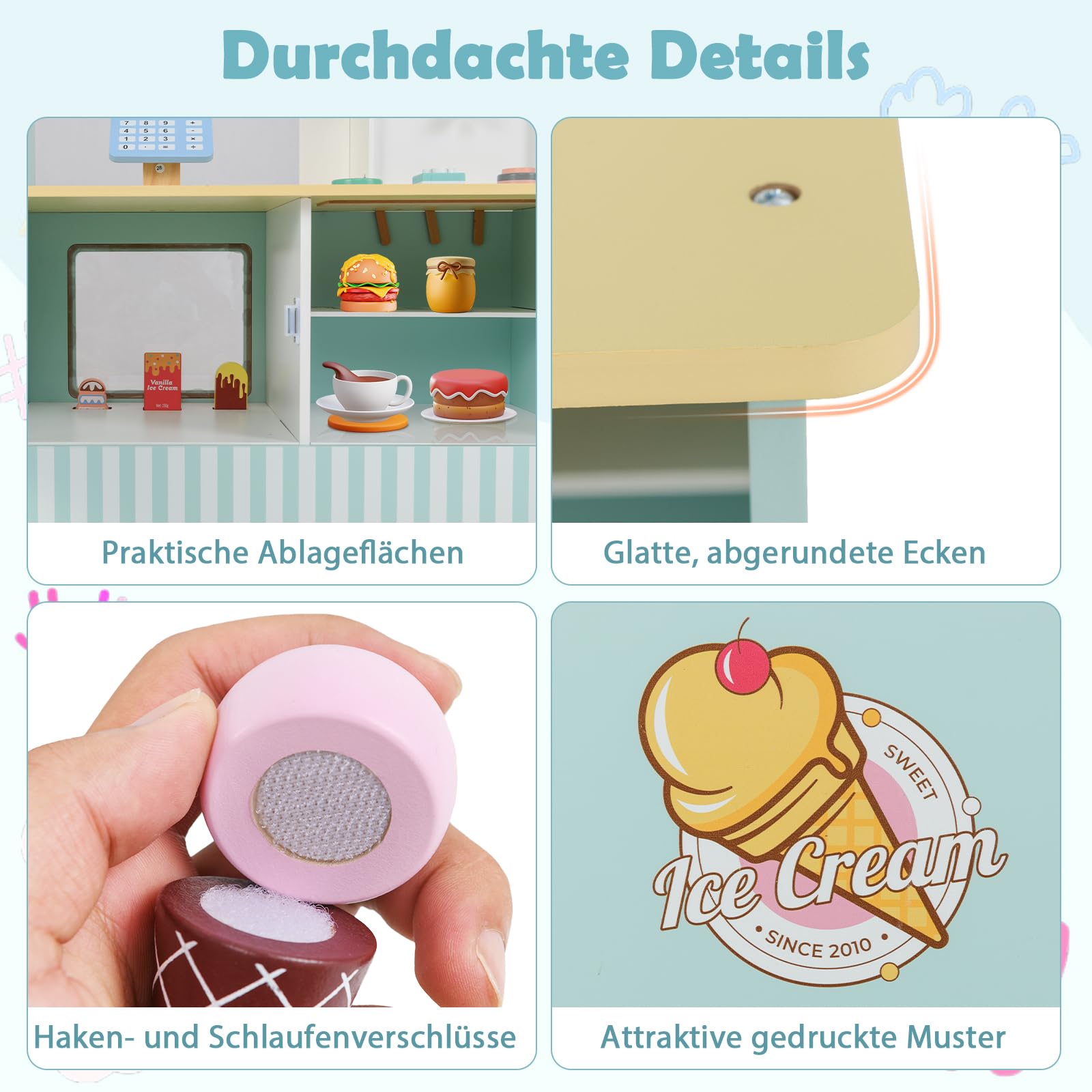 DREAMADE Kinder Eiswagen mit 15 Zubehör, Kaufladen aus Holz mit 2 Rädern & Markise, Eisstand Einkaufsladen für Kinder ab 3 Jahren (Cyan)