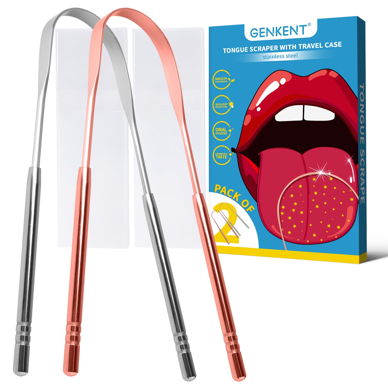 GENKENT 2 Pcs Tongue Scraper,Metal Cleaner Reduce Bad Breath,Oral Hygiene for Adults
