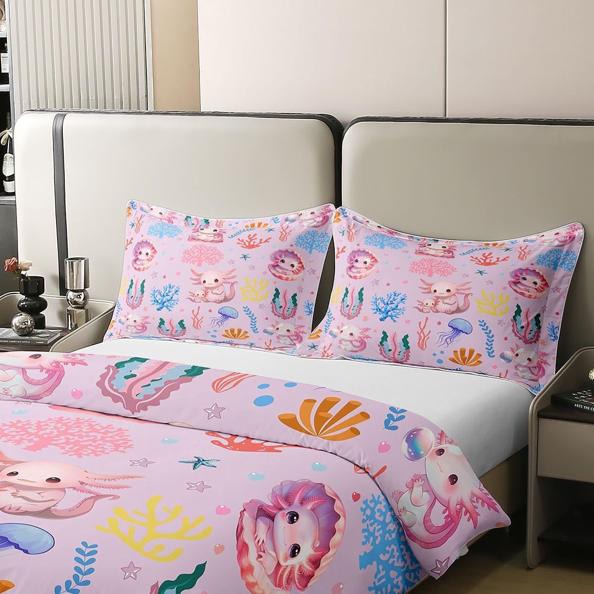 Homewish Różowa urocza poszewka na kołdrę axolotl super king koral rozgwiazda meduza bawełna zestaw pościeli marzycielski podwodny świat poszewka na kołdrę kreskówka gad zwierzę zestawy łóżek