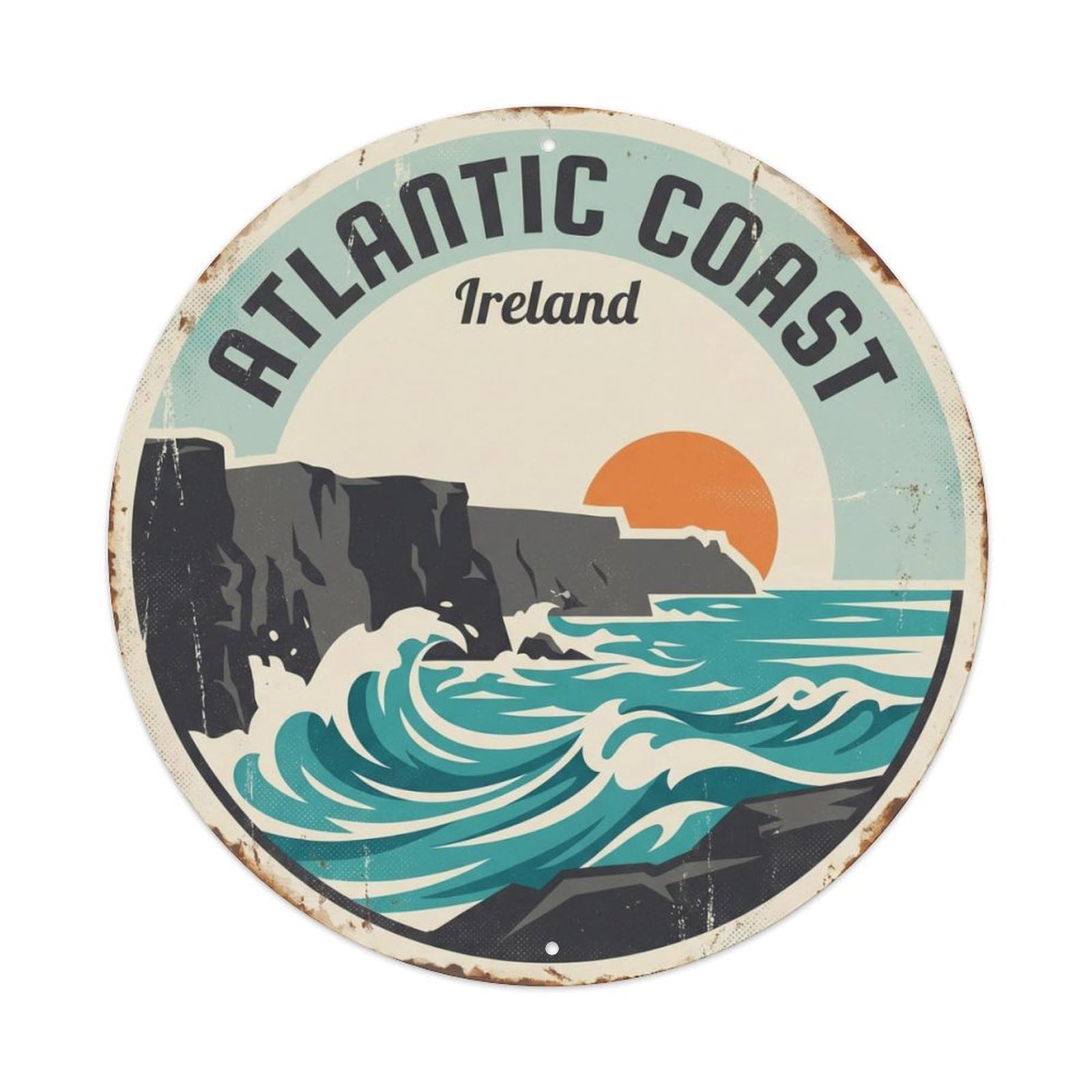 Vintage Travel Atlantic Coast Ireland Metal Tin Sign Plaque Wall Decor for Cafe, Club Bar, Office, Home Garden Round Metal Poster 8x8Inch